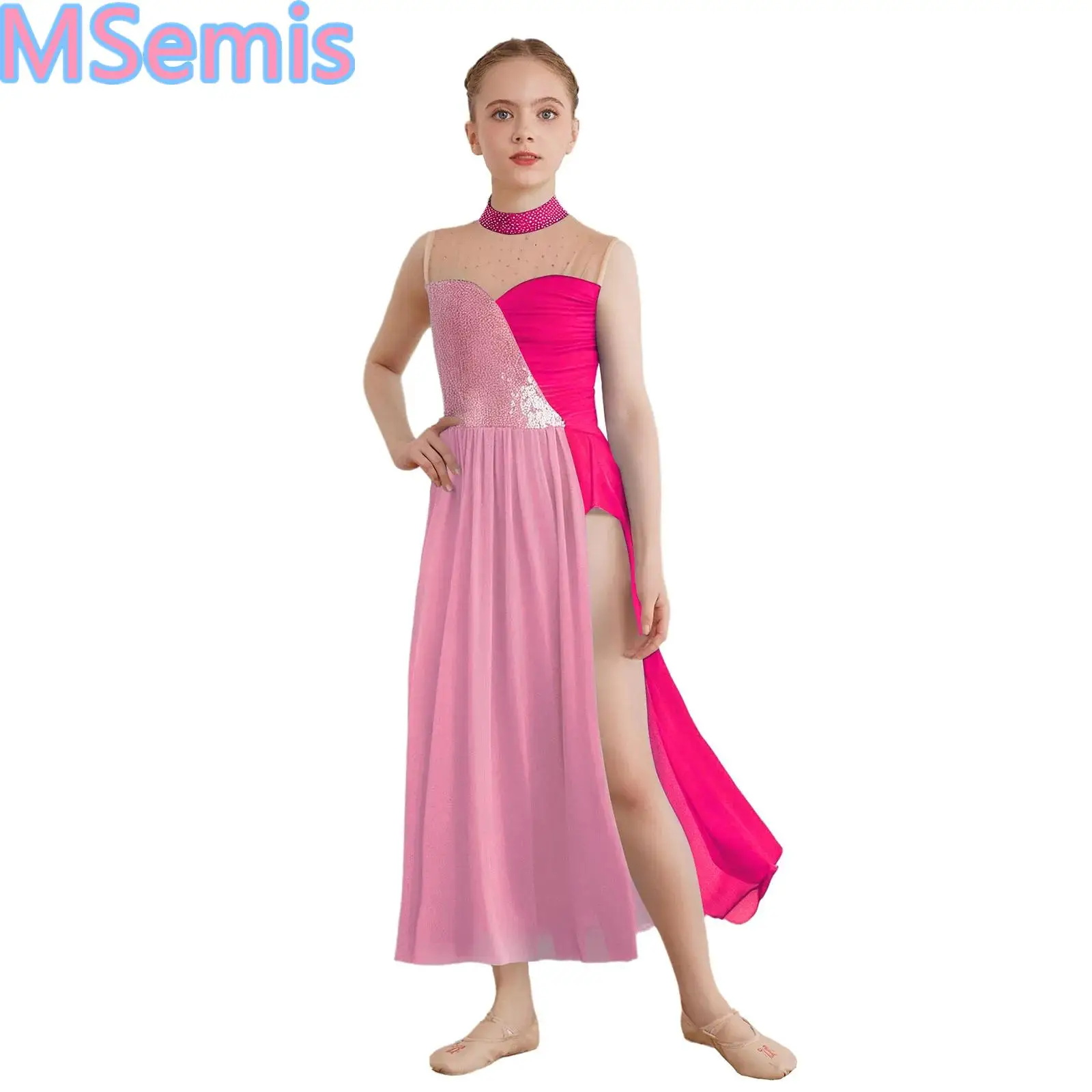 

Girls Lyrical Ice Skating Dress Sparkly Sequin Ballet Leotard Dress Sleeveless Side Split Mesh Ballroom Modern Dancing Clothes