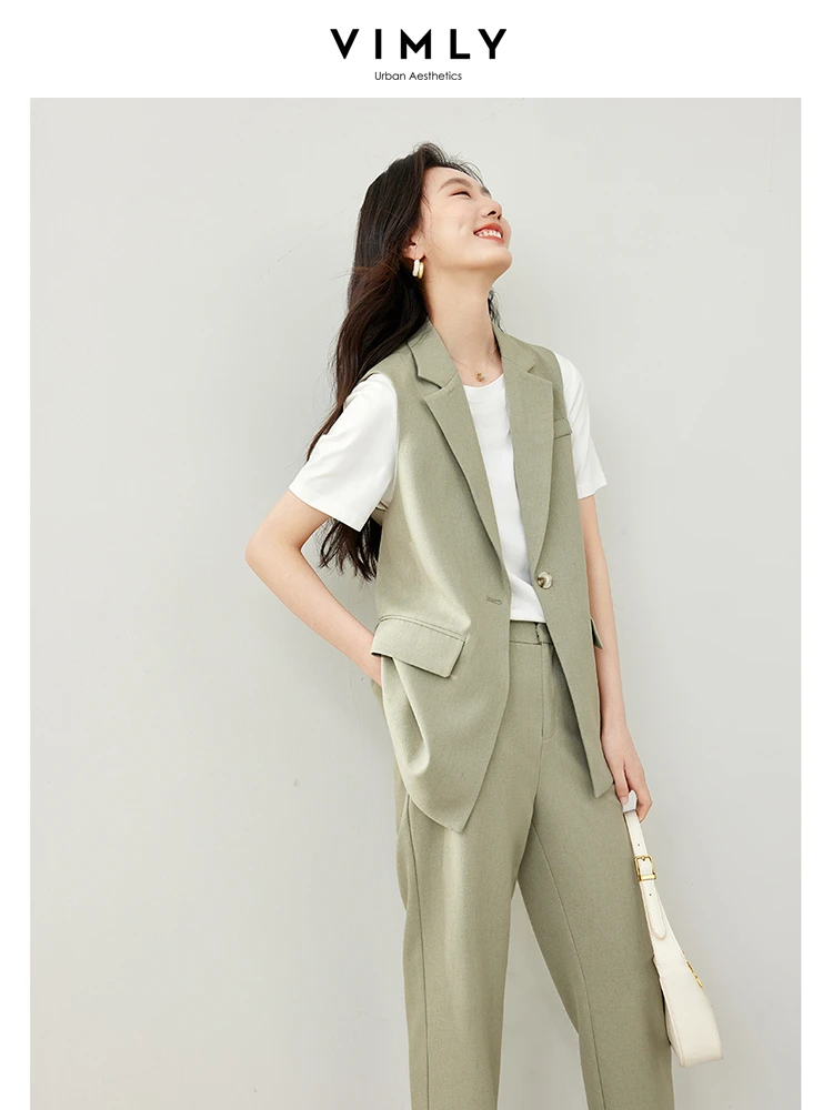 Vimly Summer Office Wear Blazer Suit Pant Sets for Women Simple 2 Piece Outfits Ankle-Length Suit Pants Sleeveleese Blazer M6127