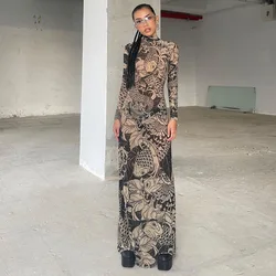 Mesh See Through Stand Neck Thin Skinny Robe Female Long Sleeve Vintage Print Maxi Dress Streetwear Bodycon Long Dress Wholesale