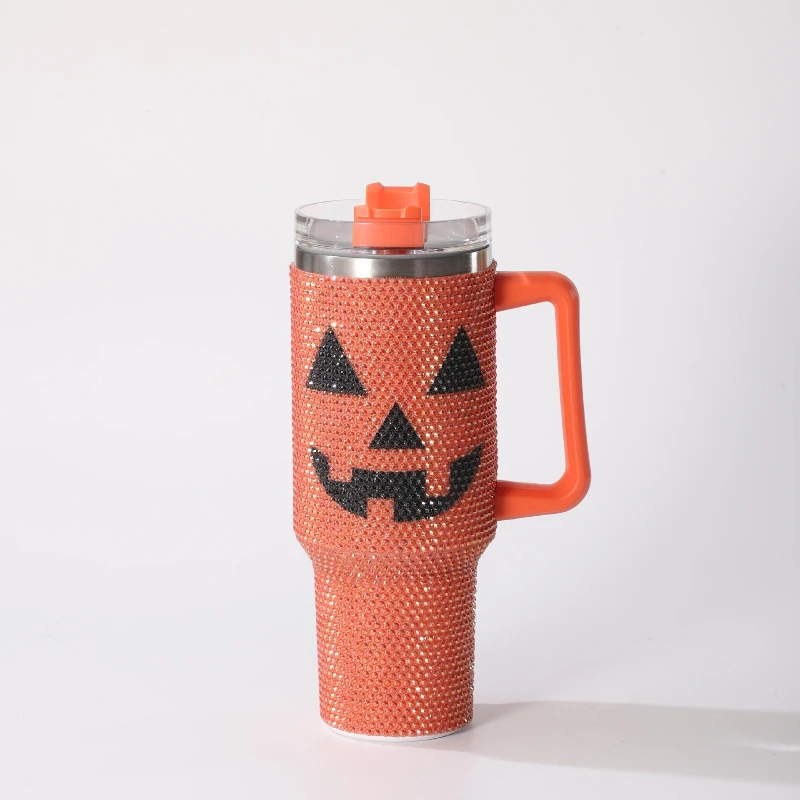 Tumbler Stainless Steel 40oz Pendingin Minuman Mobil dengan Hiasan Rhinestone Jack O Lantern untuk Pesta Halloween, Tempat Minuman Kendaraan