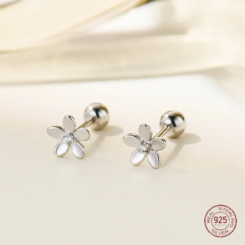 925 Sterling Silver Flower Plant Stud Earrings for Girls Cute Zircon Small Ear Bone Nail Earring Female Birthday Fashion Jewelry