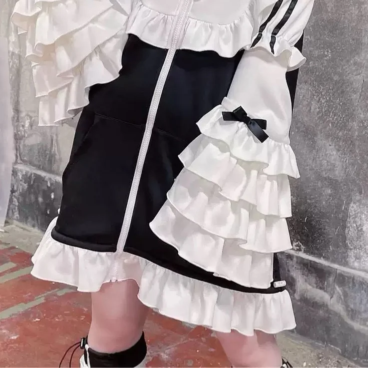 일본 마이닝 시리즈 프릴 오프 숄더 긴 소매 중간 길이 루즈한 스웨트 재킷 2025 봄 신작 루즈 드레스 로리타