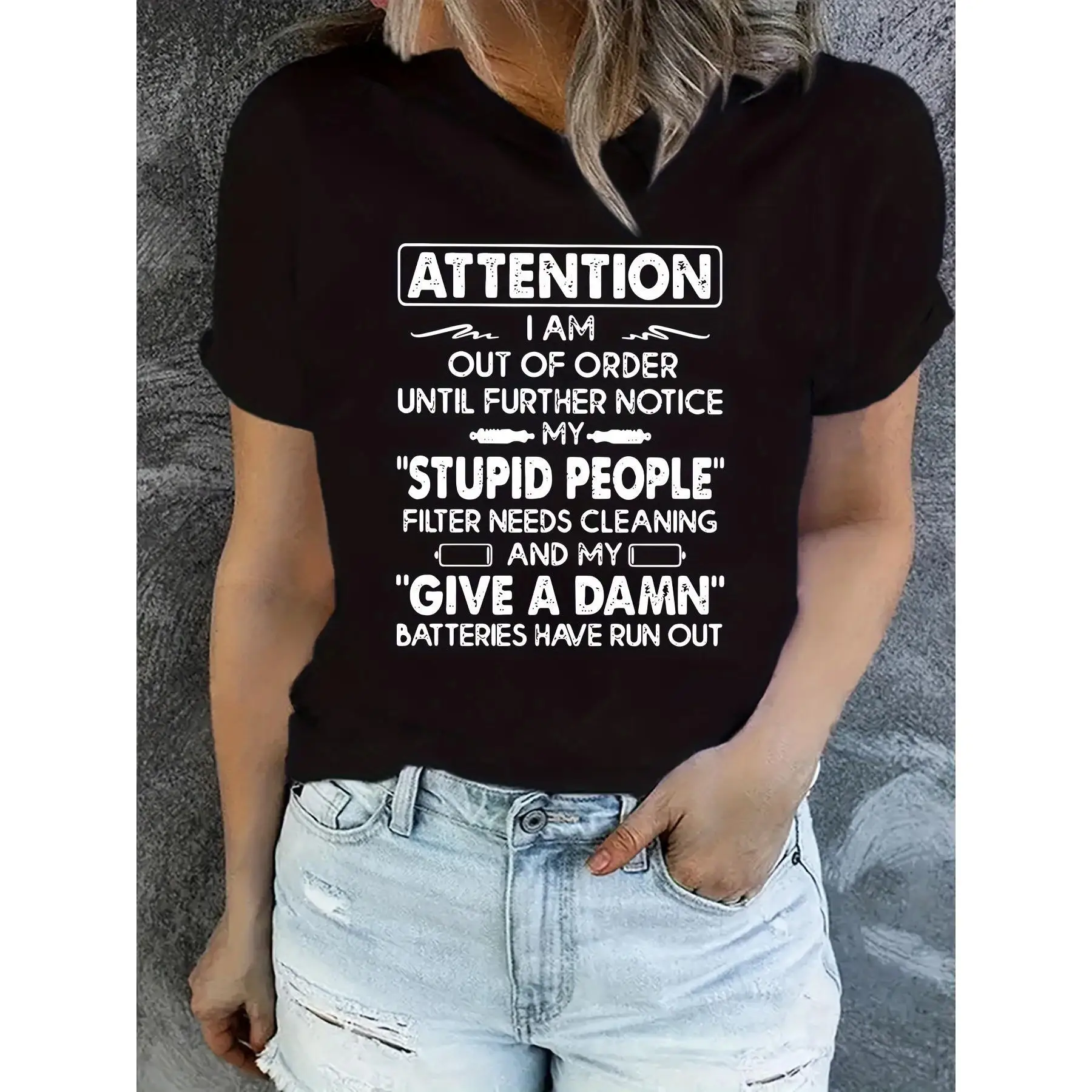 

Casual Women's T-Shirt with "Stupid People" Slogan Print, Loose Fit Short Sleeve Top, Funny Gift Idea Daily Wear