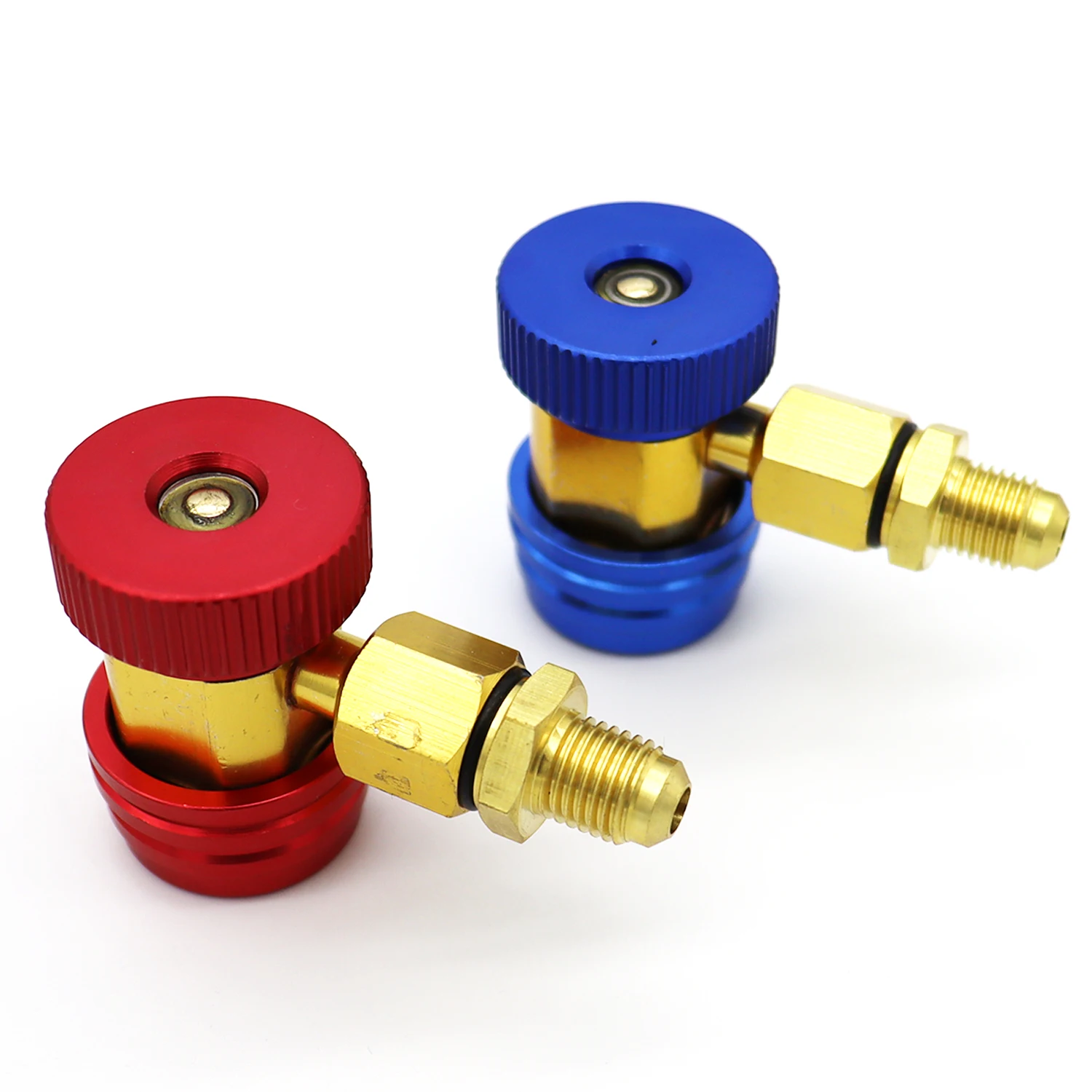 R134a AC Manifold Quick Coupler Adapters - Solid Brass Red & Blue Connectors For Low & High Side Auto AC Charging, 1/4" Male Flare