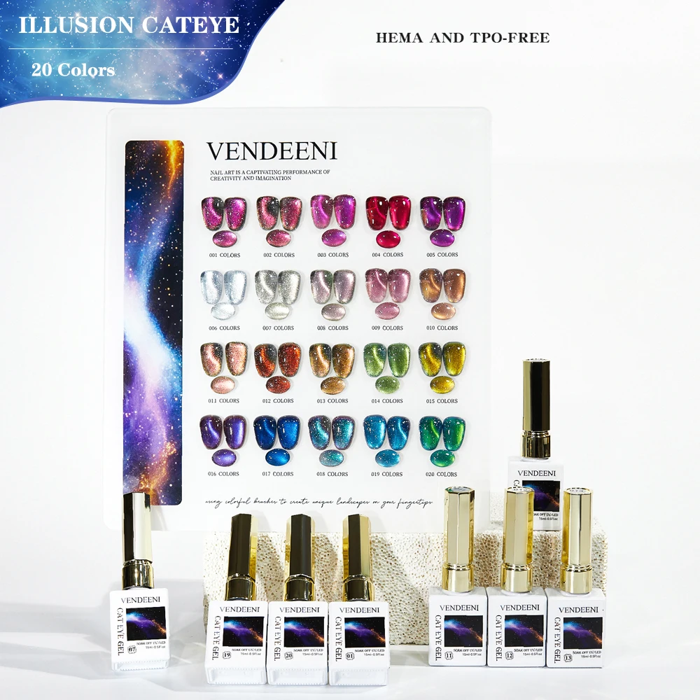 

Vendeeni, 20 цветов/компл., синий, фиолетовый, высокая плотность, блестящий, сломанный бриллиант, кристалл, кошачий глаз, магнитный гель-лак для ногтей с цветной картой