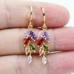 Fashion Jewelry Gold Color Multicolor CZ Zircon Leaf Dangle Earrings for Women