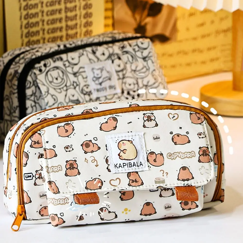 Multi Layer Capybara Stationery Bag Cute Canvas Large Capacity Capibara Pencil Bag Pencil Cases Cartoon Pen Pouch Student