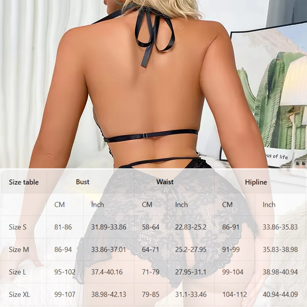 ملابس داخلية مثيرة وساحرة، بذلة برباط شفافة من الدانتيل الأسود، ثوب نوم رومانسي مفتوح المنشعب بدون تأخذ