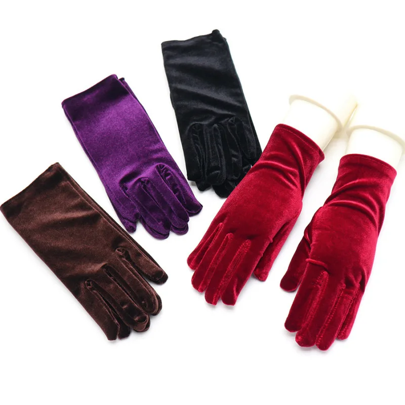 

Women Golden Velvet Evening Dress Etiquette Short Gloves Retro Style Banquet Accessories Elasticity Dinner Party Stage Show