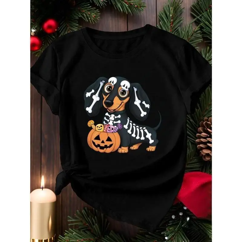 

Cute Dachshund Dog Halloween T-shirt Women's Skeleton Pumpkin Top for Spooky Season Gifts