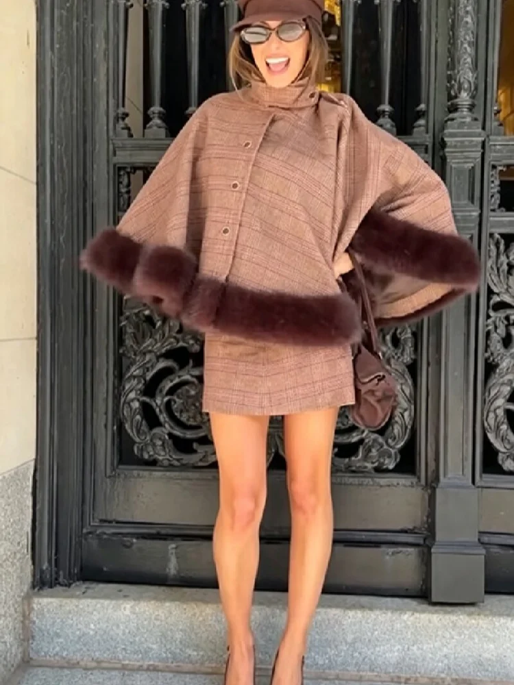 Elegant High Neck Plaid Cape Two Piece Outfit Faux Fur Trim Hem Loose Mini Skirt Set Retro Women Fall Winter Party Holiday Wear