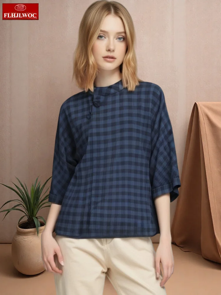 

Chinese Style Stand Collar Design Button Tops 2025 Women Summer Casual Retro Vintage Plaid Shirts Cotton Top Blouses