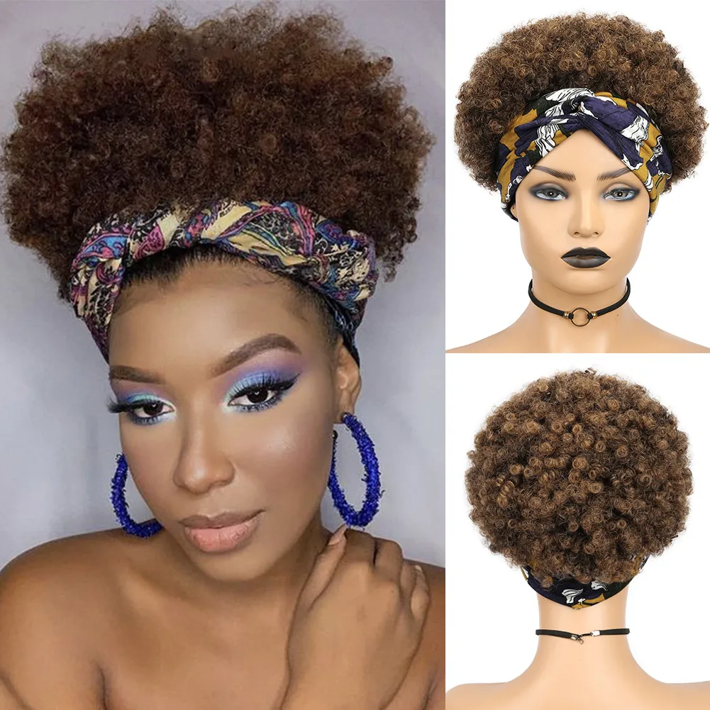 Afro Puff Curly Wig Short Headband Curly Wig Head Wrap Wig Brazilian Human Hair Wigs for Black Women Turban Wrap Wig