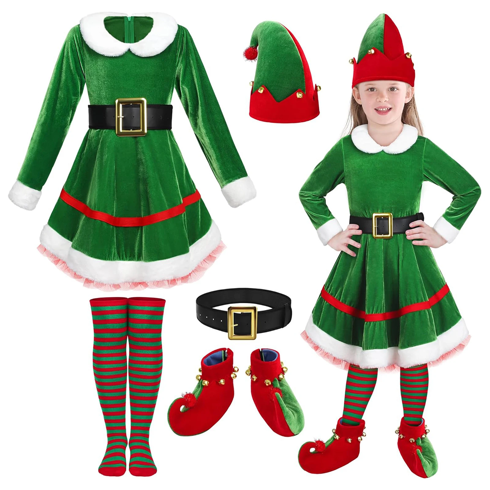 

Women Christmas Elf Costume Set Long Sleeve Velvet Dress with Belt for Themed Party Cosplay