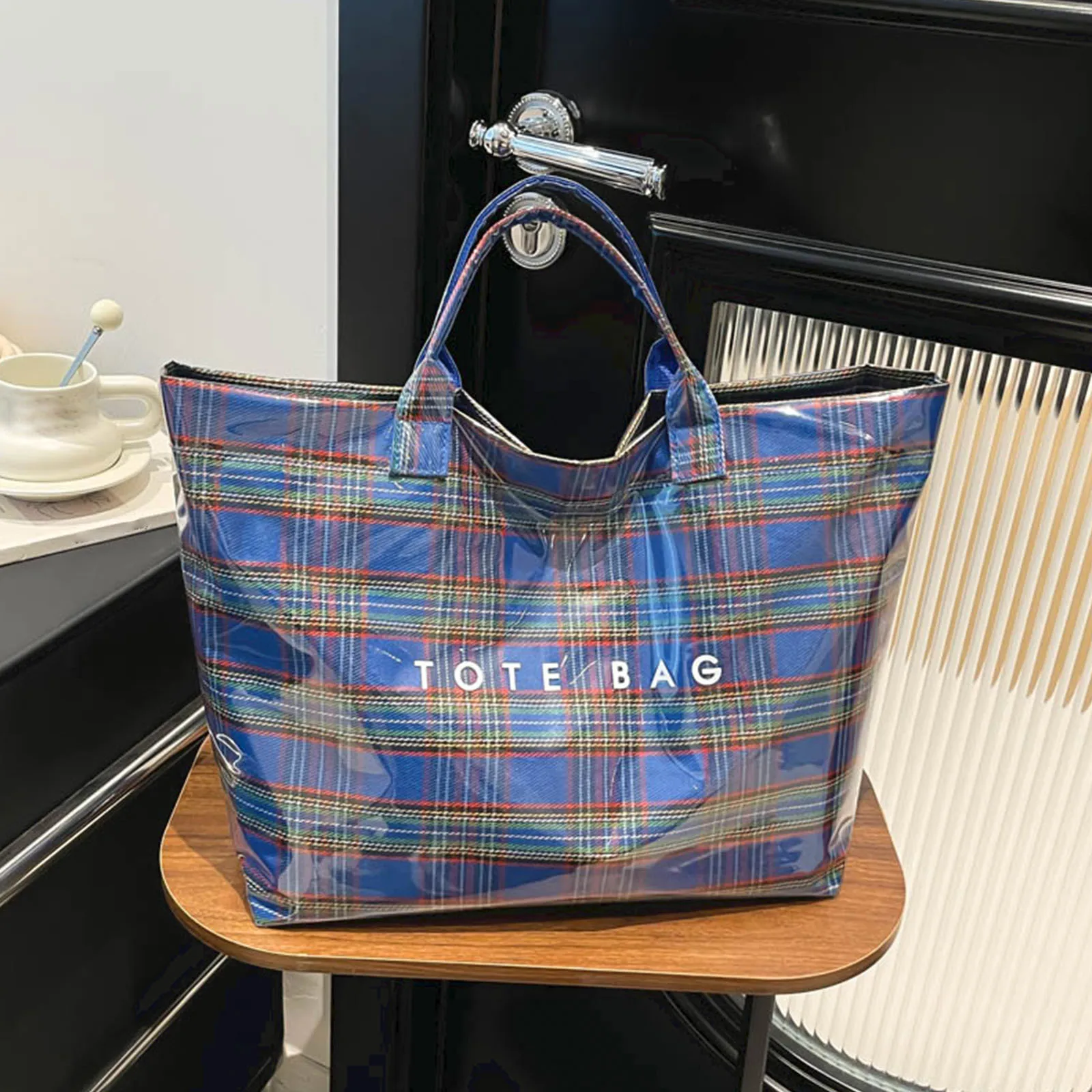 PVC-Einkaufstasche, karierte Arbeitshandtaschen, Geldbörsen, große Schulterhandtasche, Kunststoff-Tragetasche für Frauen, Arbeit, Reisen, modische Einkaufstasche