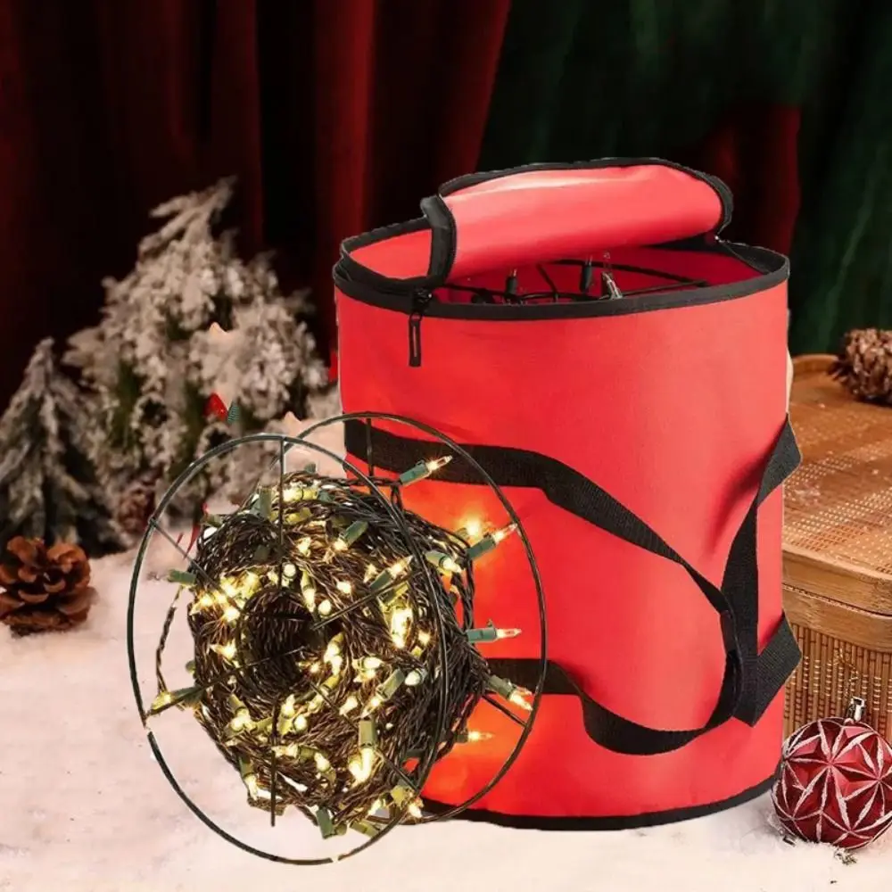 

Red Christmas String Lights Storage Bag Round Large Capacity Christmas Storage Bag Waterproof with Handle Christmas Light Bag
