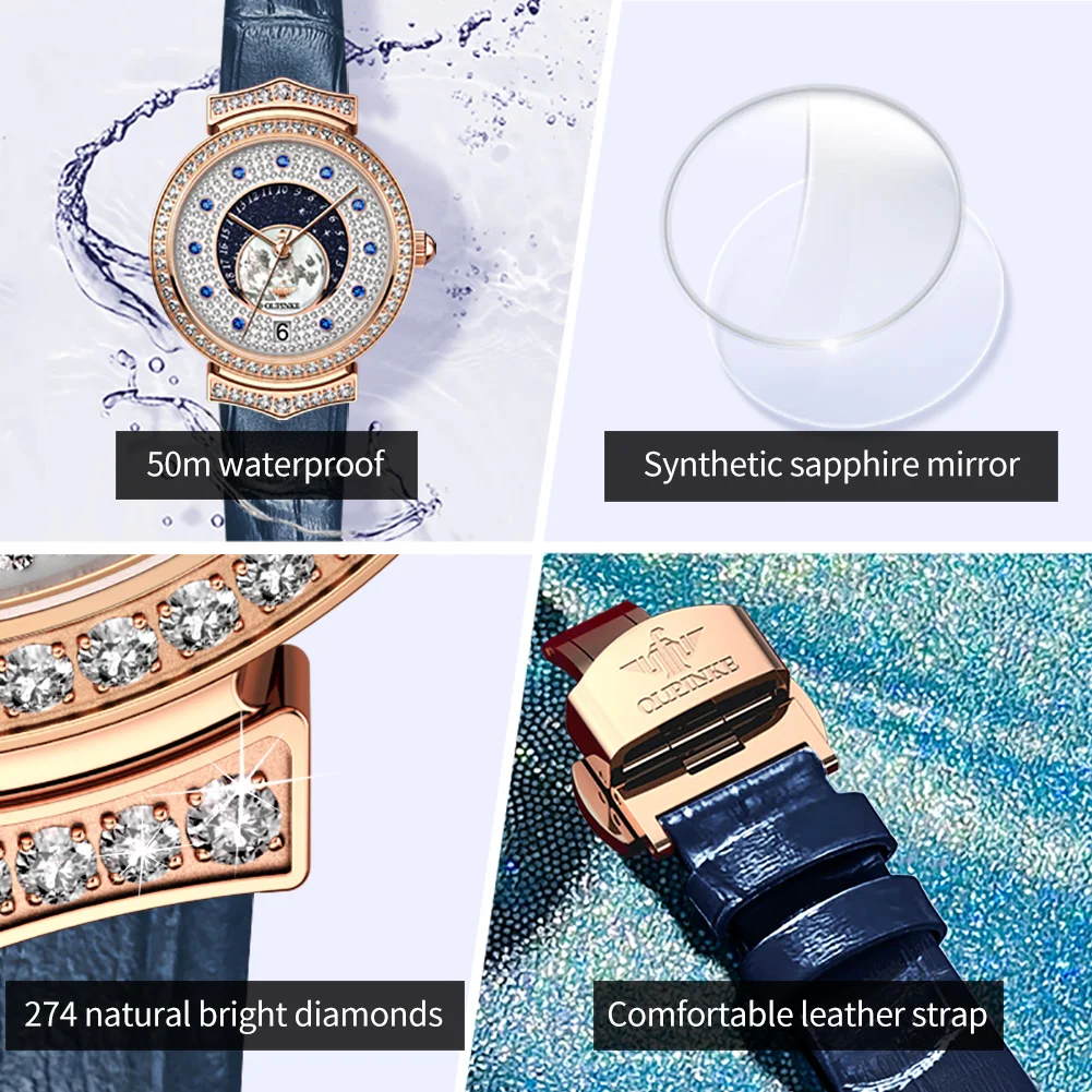 OUPINKE 3218 Original Watch for Women Starry Sky Full Diamond Swiss Import Quartz Movement Ladies Leather Strap Dress Wristwatch