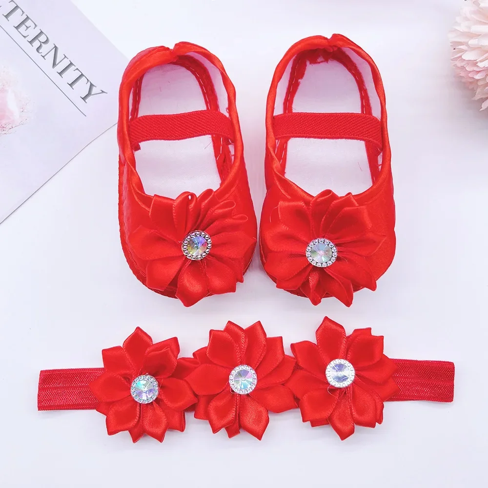 Baby Girls Princess Flower Shoes Headband Set First Walker Shoe Infants Toddlers Soft Sole Anti-skip Spring Autumn