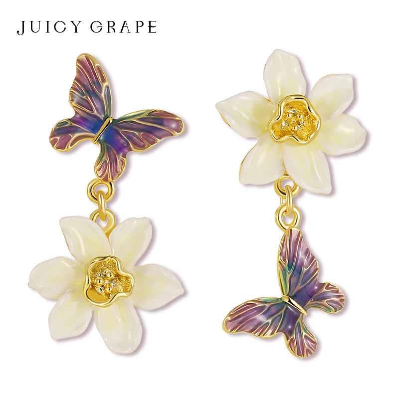 

Juicy Grape Daffodil Butterfly Asymmetrical stud earrings for Women Handmake Enamel Flower Studs Birthday Party Jewelry Gift