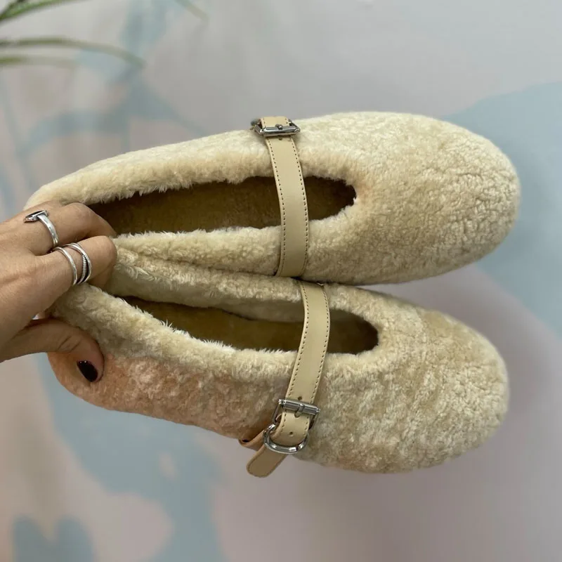 

High quality fluffy and fashionable ballet flat shoes with fur integrated women's waistband buckle elegant Mary Jane shoes