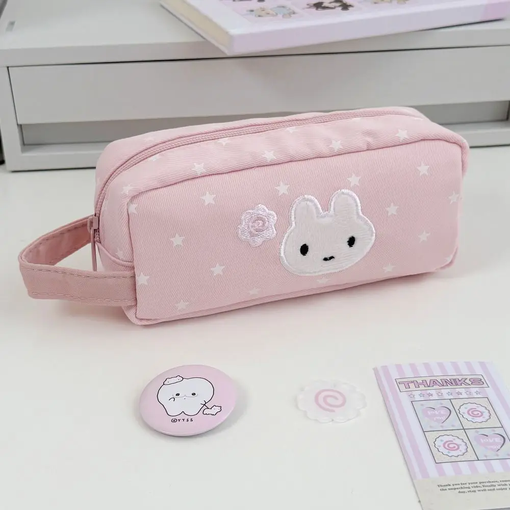Durable Pink Pen Bag Handheld Zipper Design Stationery Bag Star Rabbit Pattern Large Capacity Pencil Case Students