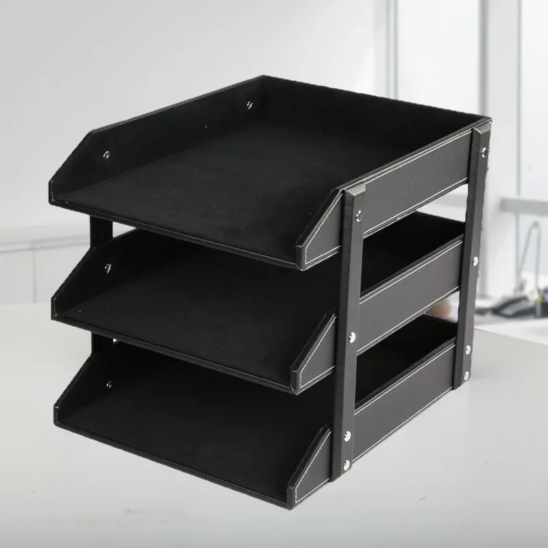Leather Three-layer File Rack Data Rack Desktop Office Storage File Tray Business Office Supplies Book and Newspaper Rack