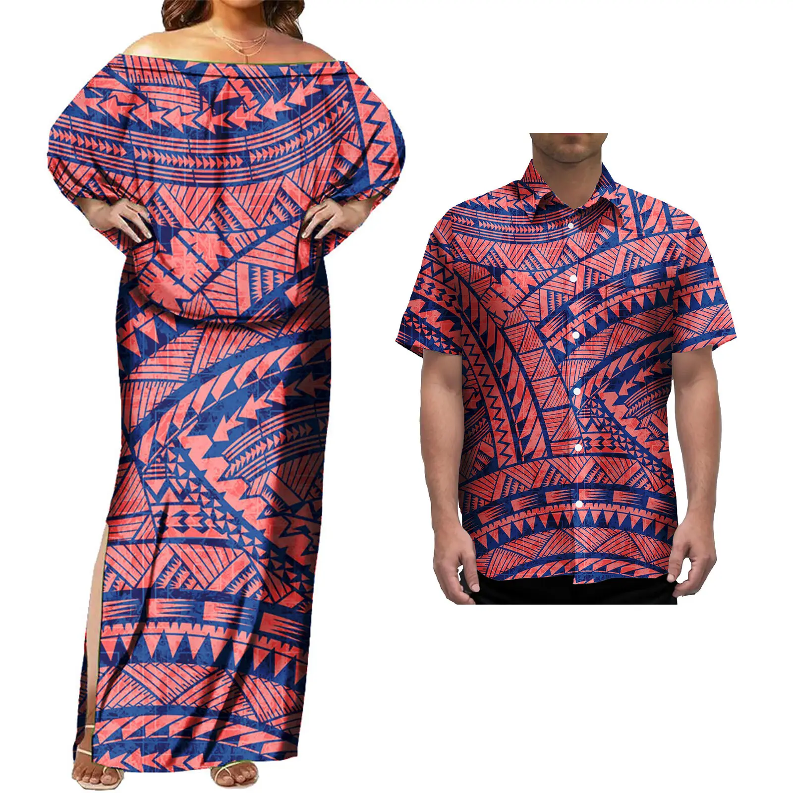 Vintage paar set Polynesische dames eiland stijl Puletasi jurk en Hawaiiaanse heren shirt paren bijpassende outfits