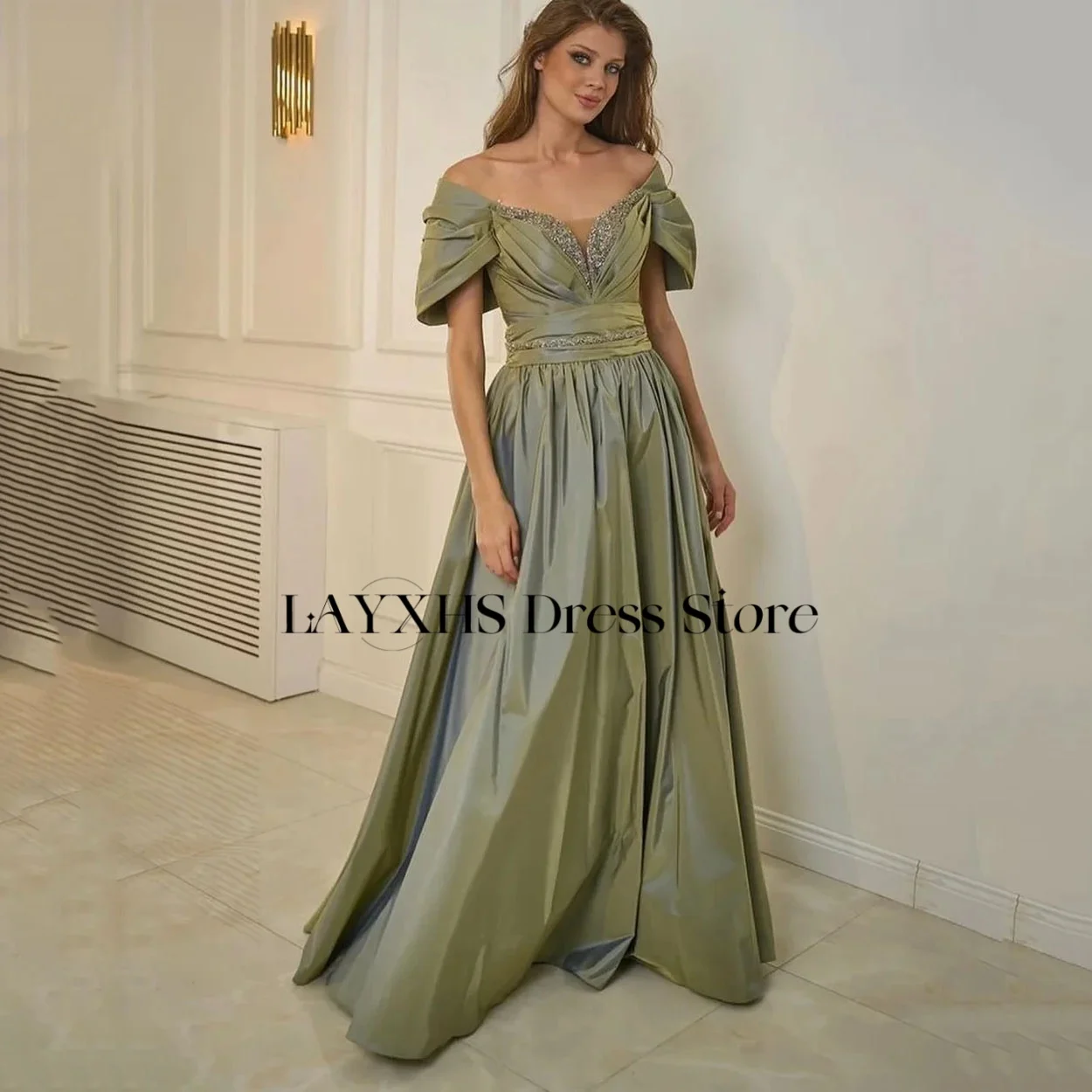 LAYXHS Klasyczna Sukienka Wieczorowa z Odkrytymi Ramionami, Linia A, Sznurowana, Z Cekinami, Plisowana Sukienka na Powrót do Domu, Szyta na Miarę فساتين سهره