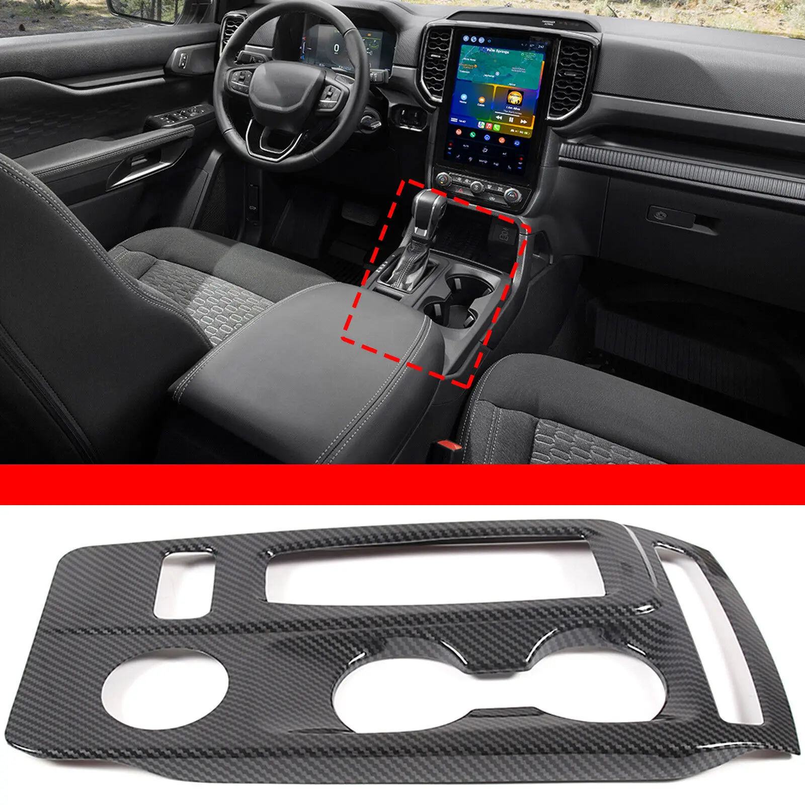 Car Accessories For Ford Ranger 2023 2024 Carbon Fiber Gear Shift Water Cup Panel Cover Trim Auto Parts Level Platform Holder