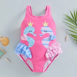 Yiiciovy Toddler Kids Girl Swimsuits Cartoon Seahorse Print Sleeveless Backless Ruffles Swimwear Beachwear Bathing Suits 2023