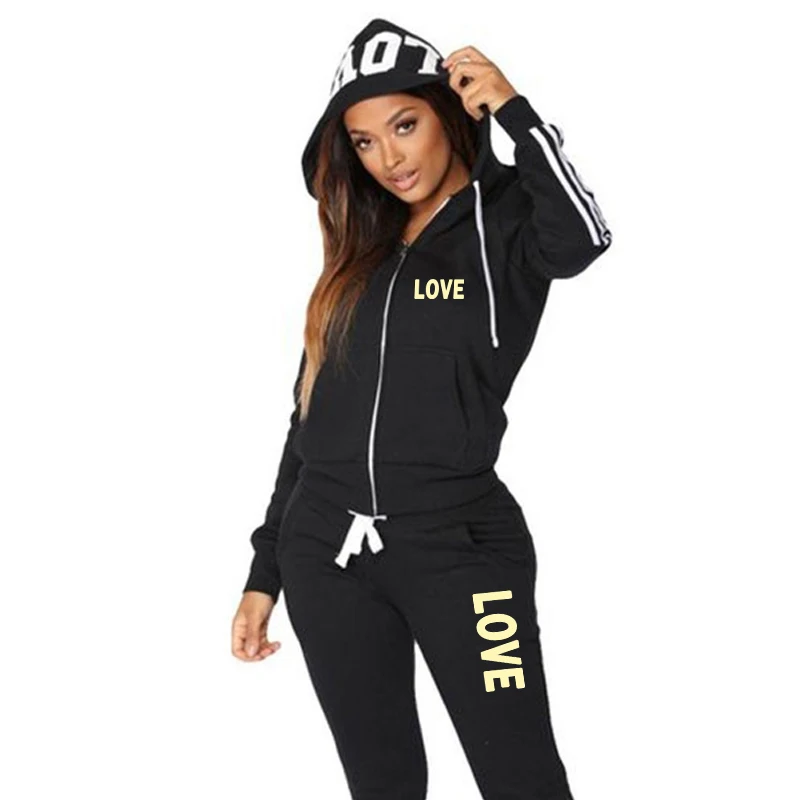 Fashion Love Letter Print Women Track Suits Sexy Sports Wear Jogging Suits Ladies Hooded Tracksuit Set  Zipper Hoodies Suit