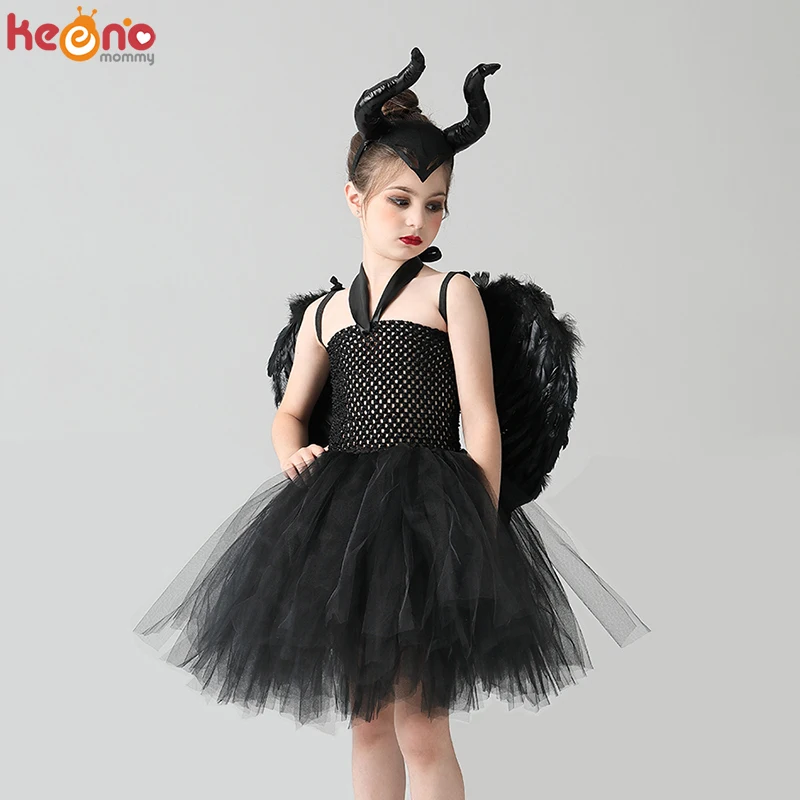 Solid Black Halloween Costumes Girls Dark Devil Tutu Dress with Horn Wings Child Carnival Party Witch Dress Outfit Clothing