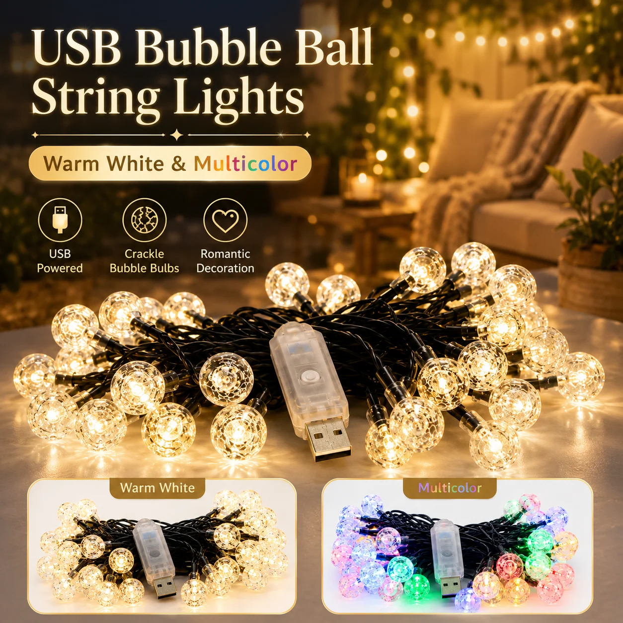 Led Fairy String Lights - USB Bubble Ball String Lights Warm