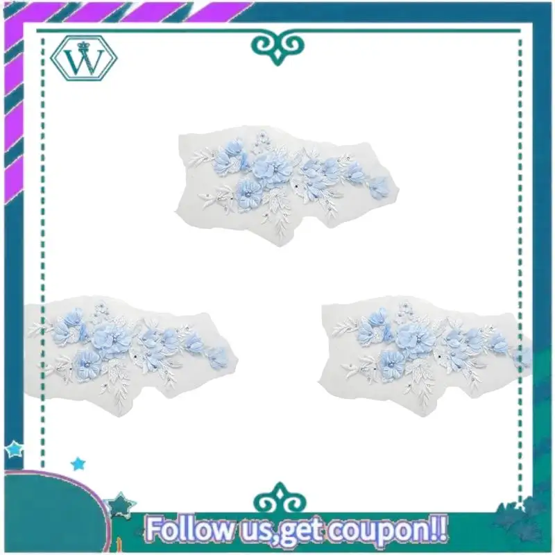

A09P 3X Beaded Hot Drilling Lace Bridal Beaded Flowers Embroidery Patches For Clothing Wedding DIY Decor Sky Blue