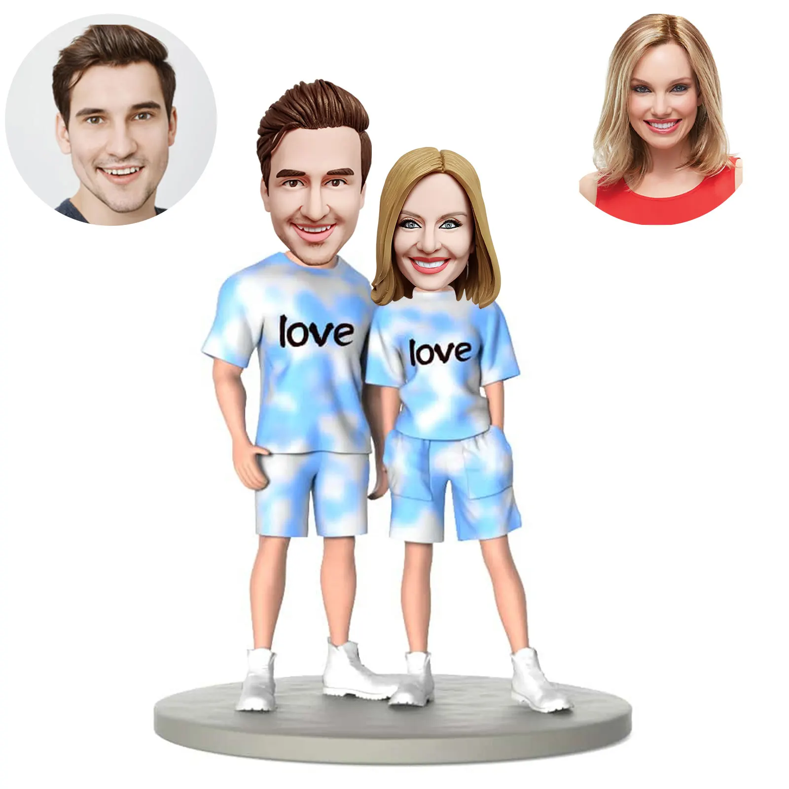 

Custom Bobblehead Couple-blue And White Gradient Couple Outfit, Bobblehead Personalized Valentine's Day Gifts For Your Lover