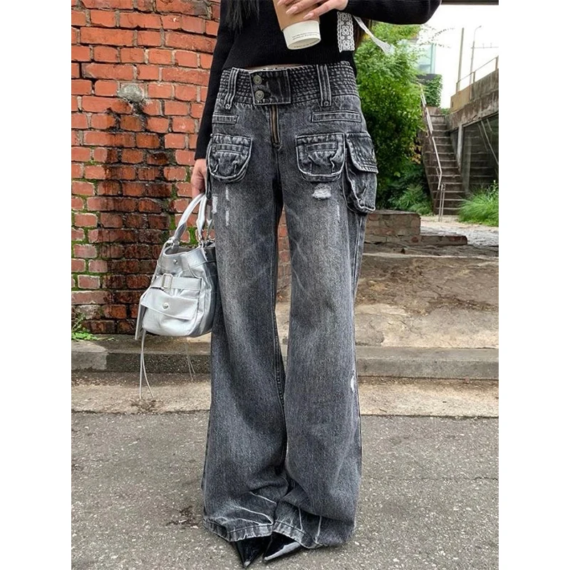 

High Waist Hip Hop Mutil Pockets Women Jeans 2025 Autumn Streetwear Casual Vintage Baggy Denim Trousers Wide Leg Pants
