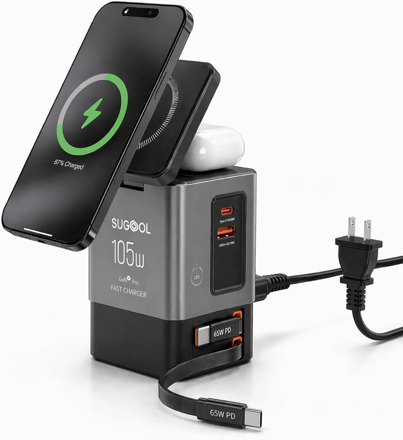 105W 6-in-1 GaN Charging Station with Retractable Cables, MagSafe Compatible Wireless Charger for iPhone, Android, MacBook