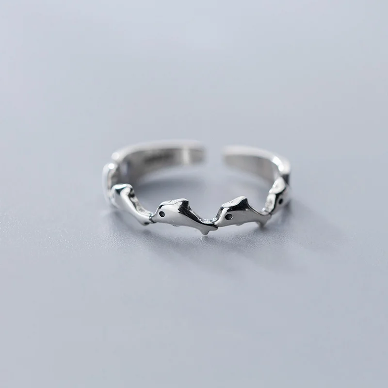 RYJU 925 Sterling Silver Sweet and Lovely Little Dolphin Ring Adjustable Opening Ocean Ring Women's Beach Surfing Party Jewelry