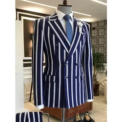 2Pcs Mens Blazer Sets Suits Casual Blazer Business Striped Turndown Collar Double Breasted Blazer Suit for Work and Daily Wear