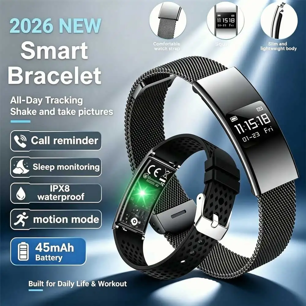 2026New sports IPX8 waterproof smart bracelet. Shake to take a photo. Heart rate, blood oxygen, sleep monitoring, step counting.