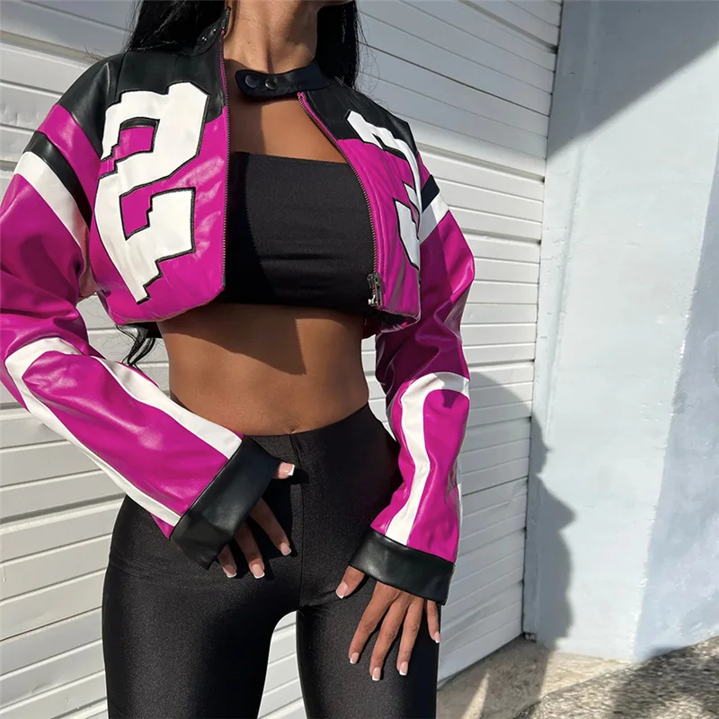 Women Jackets Spring Autumn Fashion Motorcycle Pu Leather Color Blocking Patchwork Crop  Bomber Jacket Long Sleeve Short Coats