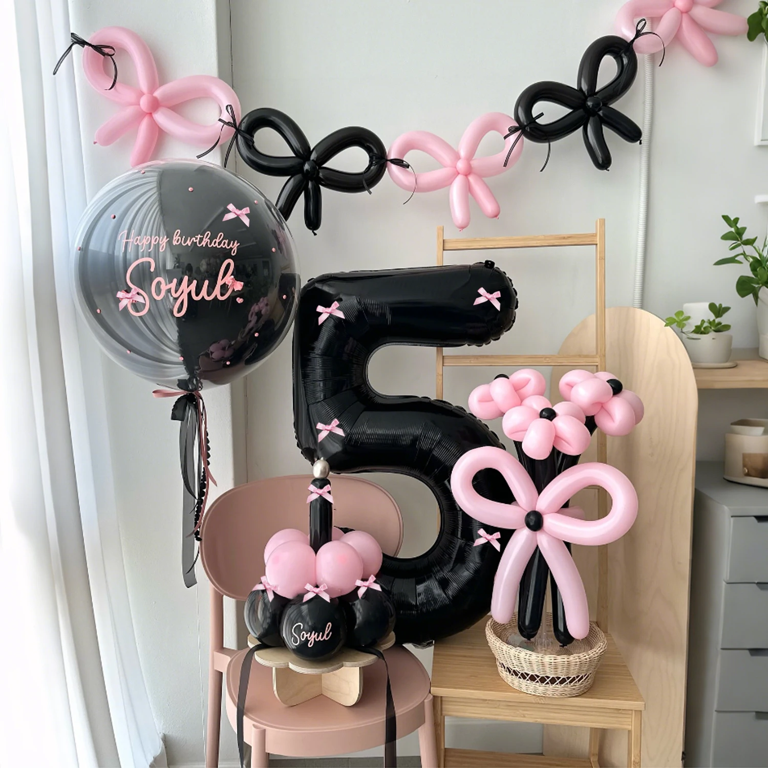 45-teiliges rosa Latex-Ballon-Set mit schwarzer Zahlen, rosa Schmetterling, Geburtstagsfeier, Jubiläumsdekoration (0–9)