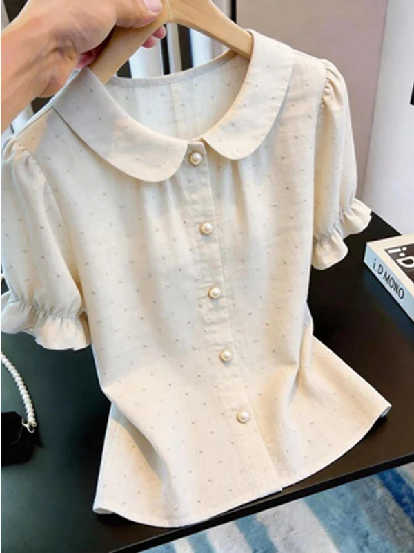 

Elegant Korean Style Short Sleeve Doll Collar Top Women's Fashion Ageless Summer New Gentlewoman Design Shirt Girl Wind Bubbl...