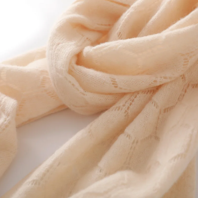 Autumn And Winter New Openwork Jacquard 100% Pure Wool Scarf Female Thin Warm Knit Solid Color Shoulder Pad Neck Scarf