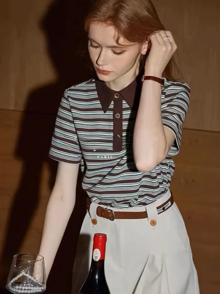 تي شيرت نسائي مخطط من Faionable Summer ort Sve Ne قاعدة irt Chic Retro Color Blo Rouje Sle Commute Simple...