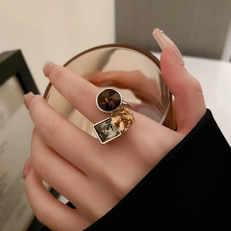 Zircon Geometry Ellipse Multiple Layers Colorful Open Mouth Rings for Women New Trendy Creativity Design Rings Jewelry Giftts