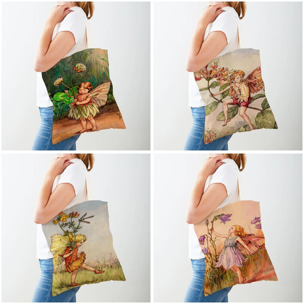 Cute Cartoon Flower Girl Shopping Bag for Women Child Both Print Reusable Casual Fairy Tale World Elves Canvas Shopper Bag Tote