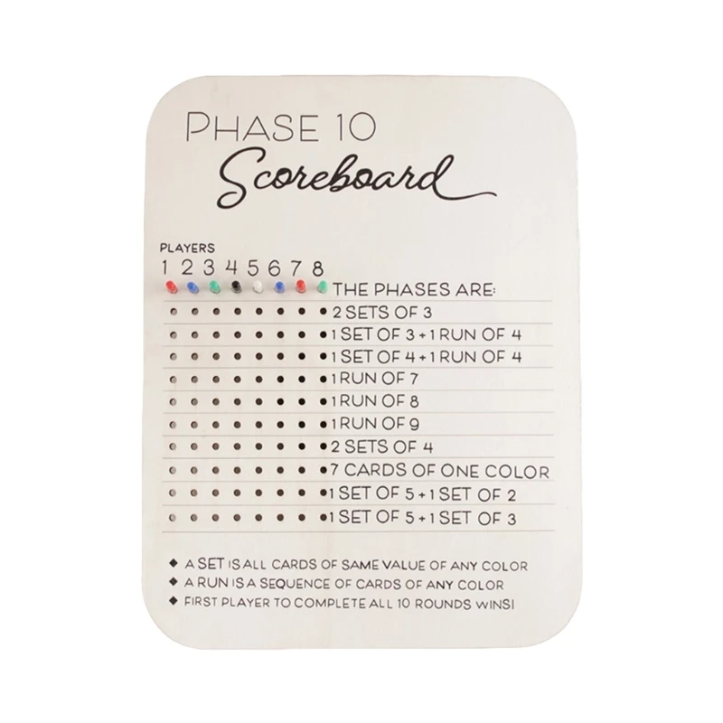 Phase 10 Scoreboard Round Trackers Board with Colored Pegs Cards Game Night Table Score Board Light Weight Scoring Board