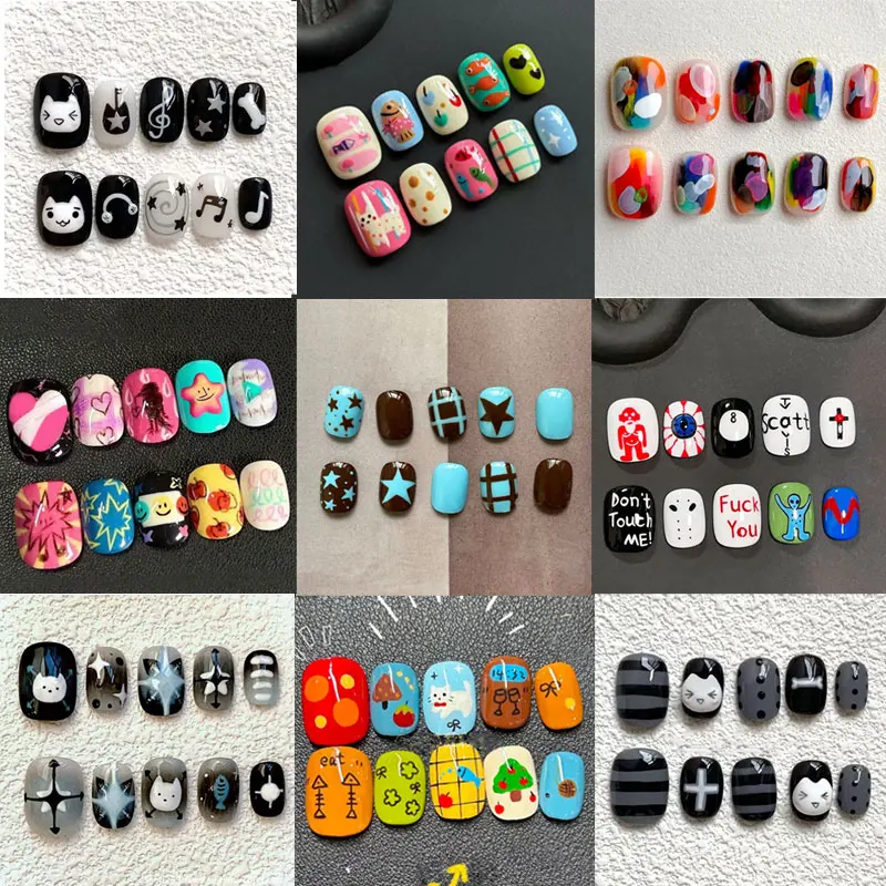 10Pcs Colorful Dopamine-inspired Cute Cartoon Cat Niche Design Small Fresh Press on Nails Detachable Nail Patch Fake Nails Art
