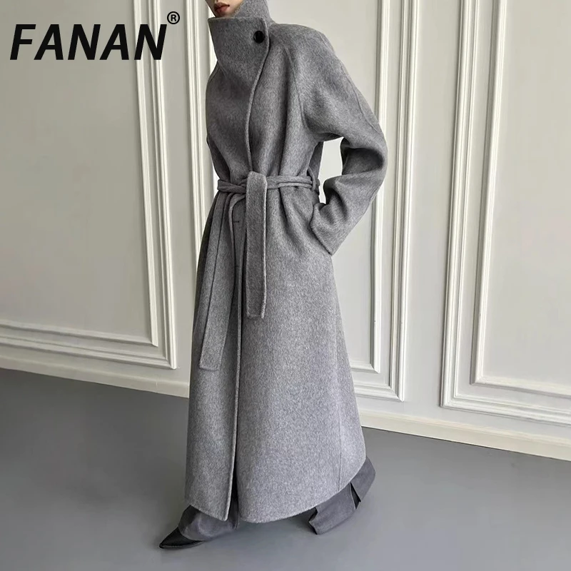

FANAN Elegant 100% Wool Coats For Women Stand Neck Single Button Belt Gathered Waist High End Warm Outwear 2025 Winter New